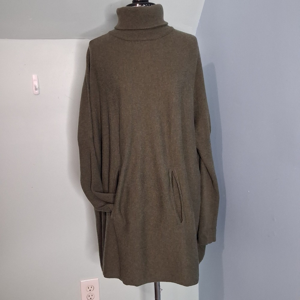 Garnet Hill Merino Wool Cashmere Turtleneck Sweater Dress Olive Green Medium